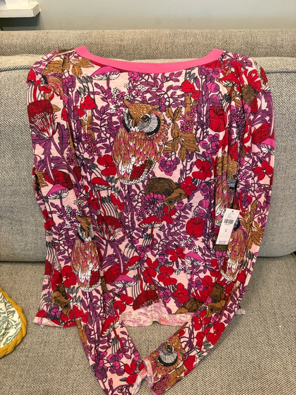 Anthropologie Maeve Pink Floral & Patterned Trim Long-Sleeve Top